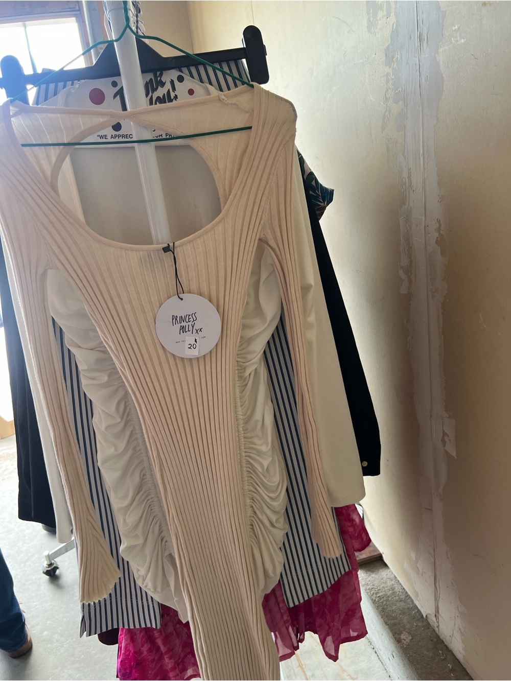 Princess Polly Cream Ribbed Ruched Long Sleeve Dress